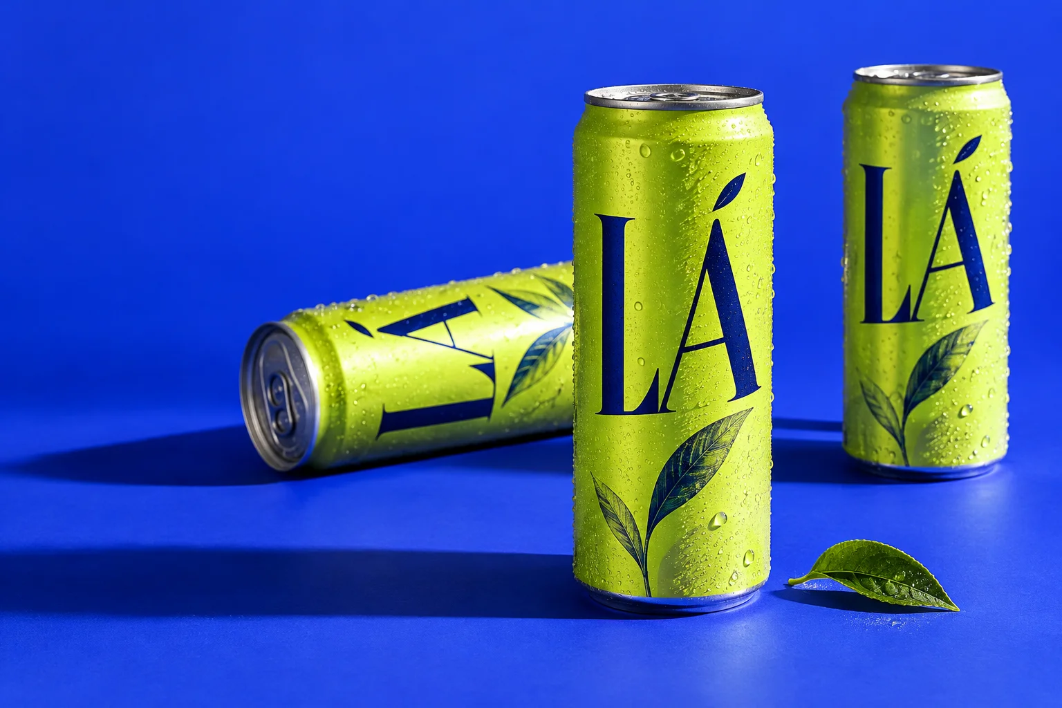 Lime green LÁ sparkling tea cans against a vivid cobalt blue backdrop