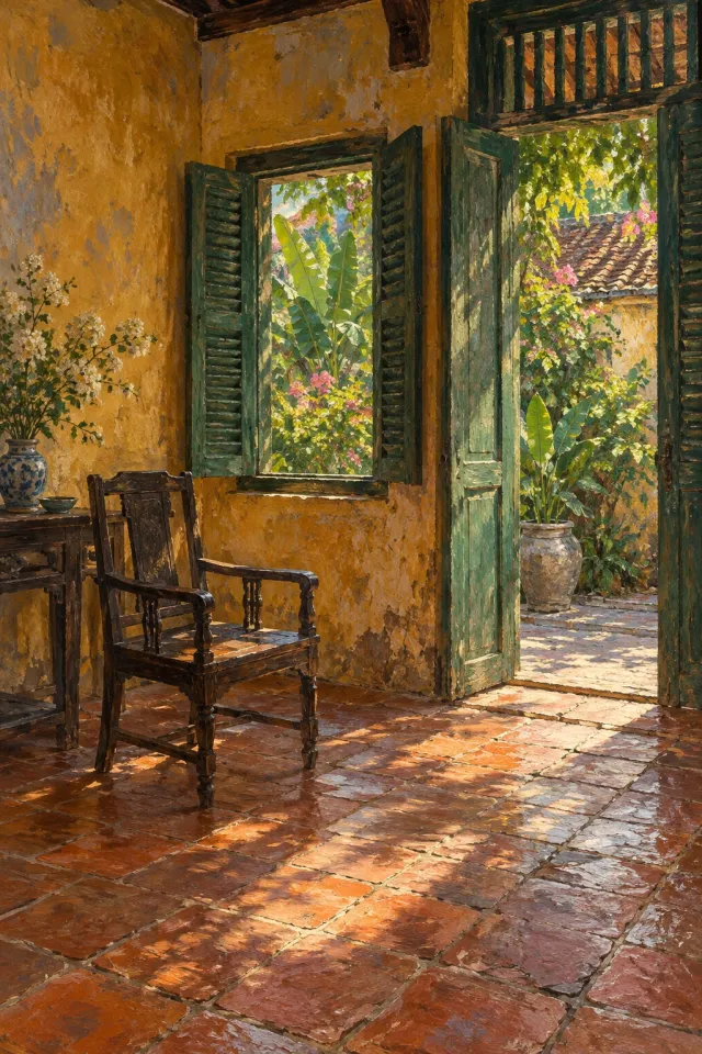 Tranh sơn dầu chiếc ghế gỗ, sàn gạch đất nung và nắng chiều trong căn phòng màu vàng đất