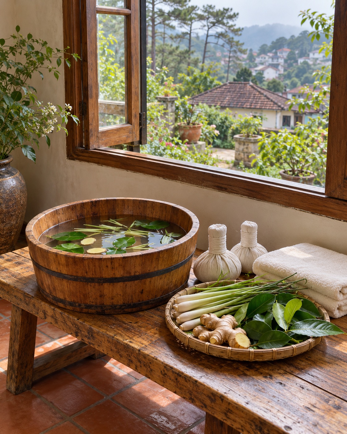 AI-created concept scene: a wooden herbal foot bath, lemongrass and cotton compresses beside a window overlooking hillside homes
