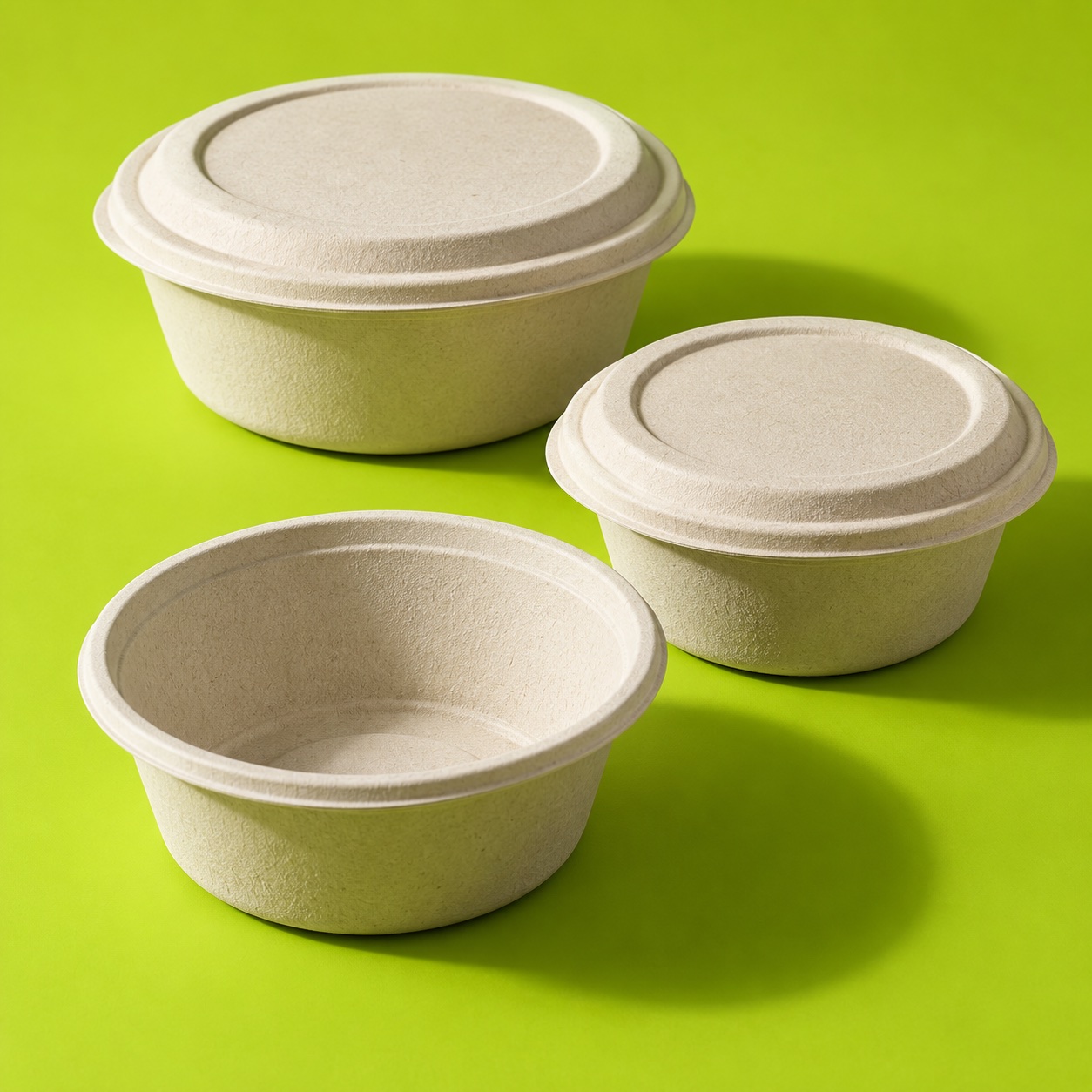 Three molded fiber bowls with lids on a lime background