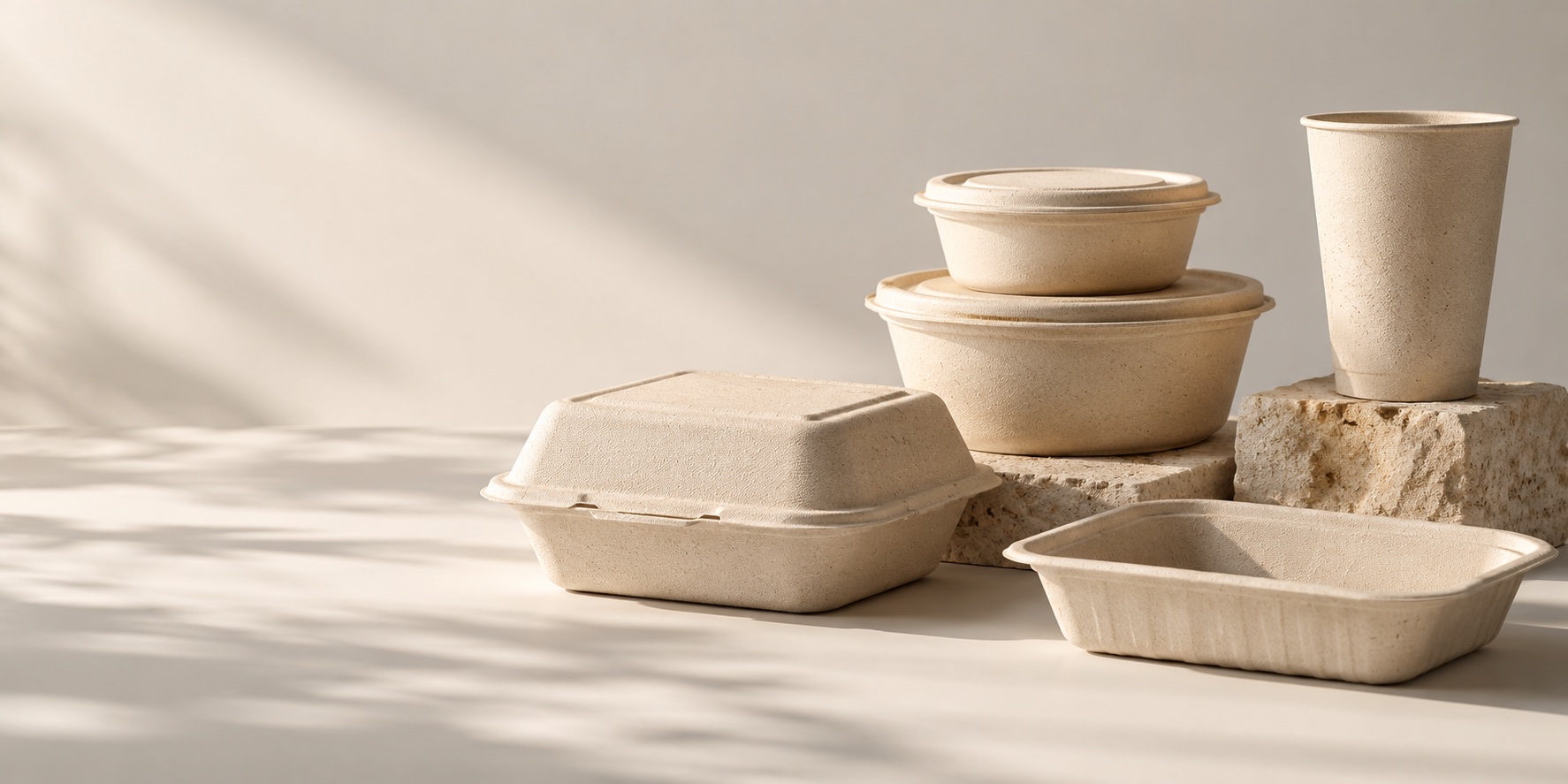 Sculptural arrangement of molded fiber bowls, clamshells, trays and a cup