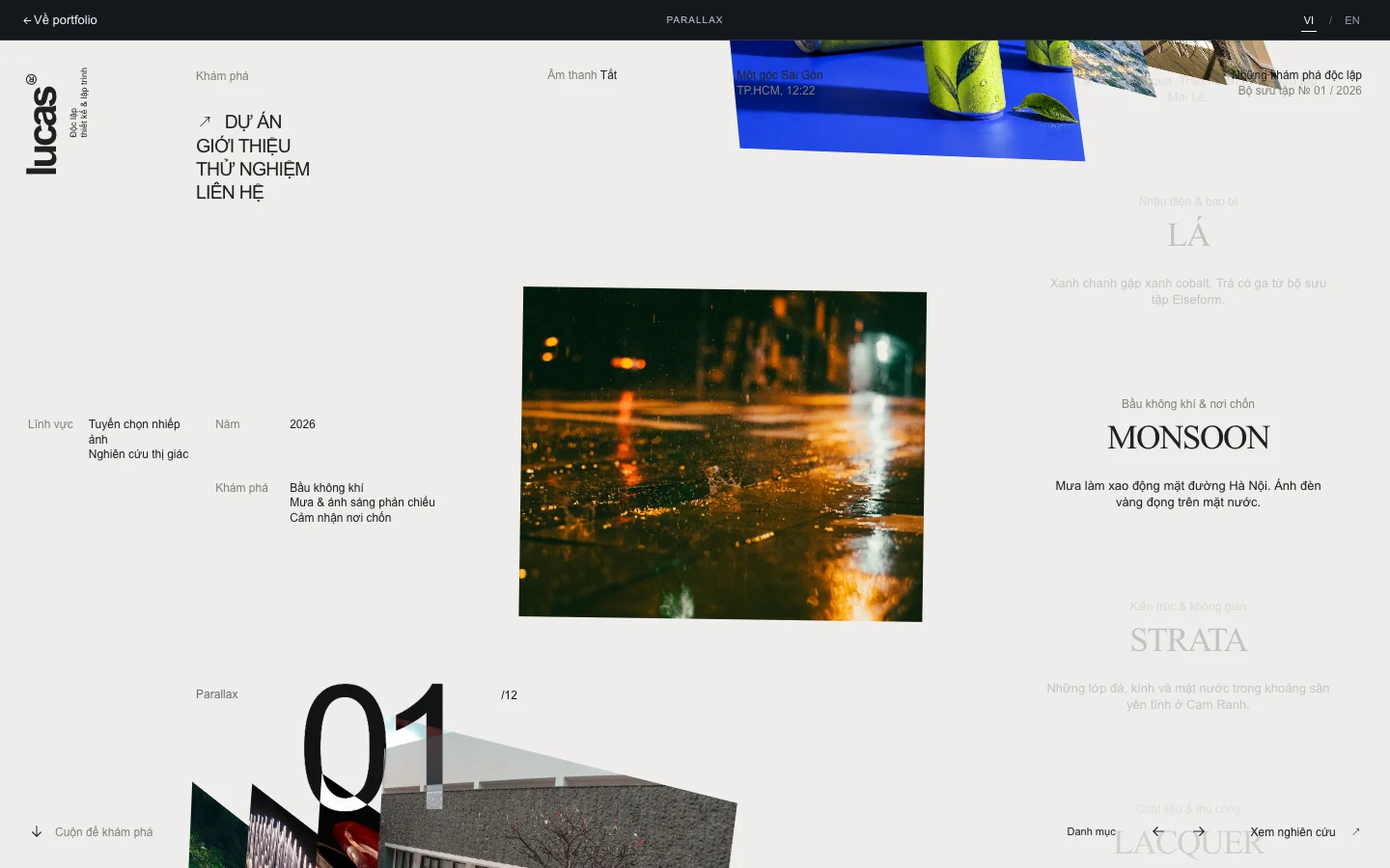 Parallax portfolio with a tilted image gallery and editorial project details